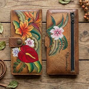 Vintage Anuschka Hand Painted Leather Slim Flap Wallet - Tropical Floral